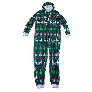One Piece Pajama Green Fair Isle Hooded Christmas Women Size XL